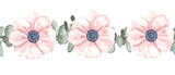 Seamless watercolor floral border with pink anemone flowers and eucalyptus leaves. Hand painted botanical pattern for wedding and greeting cards.