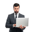 © sujon1638 - Serious businessman in a dark suit and tie holding and typing on a silver laptop computer isolated on transparent background
