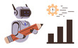 © robu_s - Robot holding a pencil alongside a clock showing speed and a bar chart reflecting growth. Ideal for AI, automation, productivity, time management, creative writing, efficiency, innovation. Simple