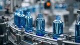 factory process of production new cosmetics glass bottles standing on conveyor line going to be twisted automated process on big factory production of new shampoo on coveyor beltinnovation concept no