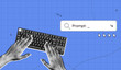 © accogliente - Trendy Halftone Collage Artificial intelligence and digital technology. Hands typing promt on keyboard. AI powered search engine. Generate content. Contemporary vector illustration art