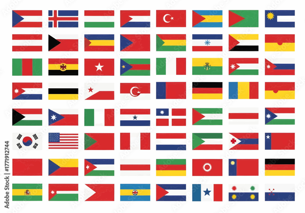 Vector illustration of all world flags in a grid layout, rectangular ...