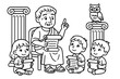 © Vector - Roman Senator Lessons. Curious Roman senator teaching children with scrolls, columns, and owls nearby, black and white line art,