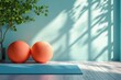 © YouraPechkin - Yoga space with orange exercise balls beside a mat and potted plant in a bright room
