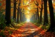 © Yaroslava - Serene Forest Pathway Surrounded by Vibrant Autumn Leaves and Lush Greenery in Gentle Afternoon Light