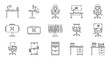© Devika - ergonomic office furniture linear icons showing desk chairs file cabinet creating a modern workspace illustration for business concepts.