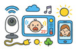 © Настя Шевчук - Smart Baby Monitor Icons. Smart baby monitor. Colorful Hand-drawn doodle Children illustration Smart baby monitor camera, Wi-Fi signal, screen display, sound