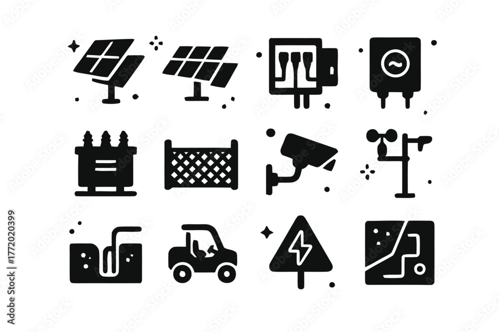 Solar Farm Icon Set. Utility-scale solar farm. Solid icons set of ...