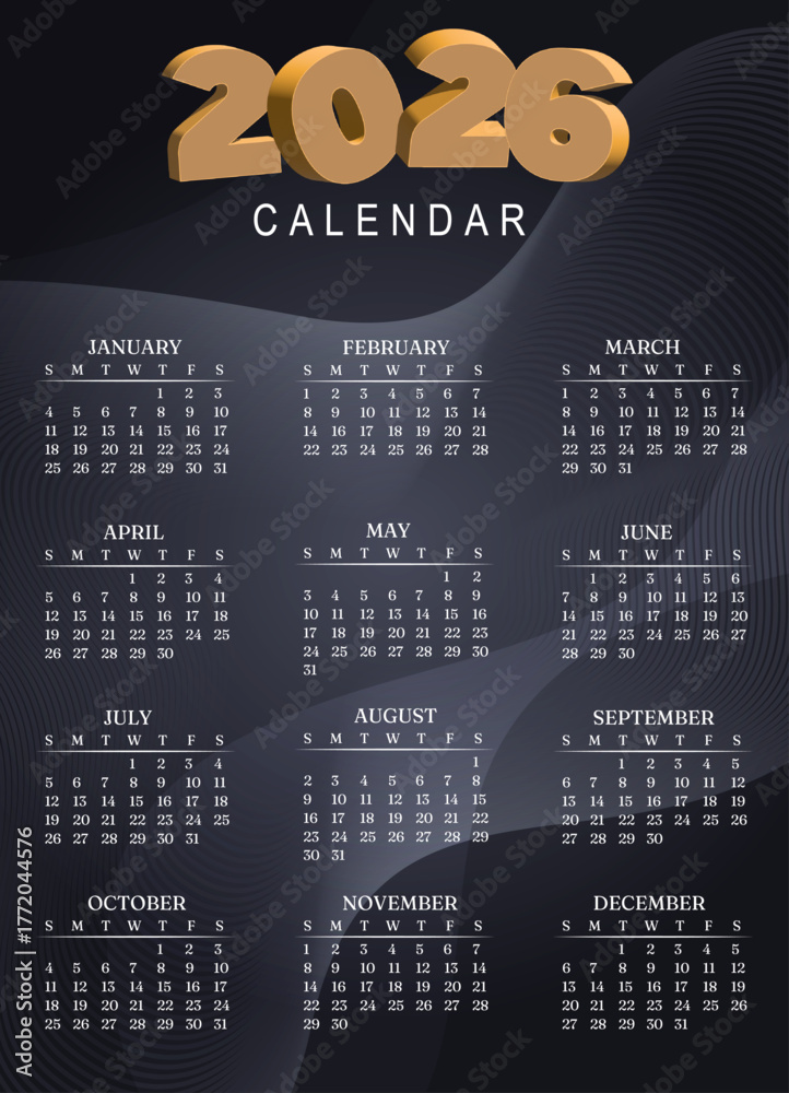 2026 year Calendar vector stock image, vector 2026 year calendar Stock ...