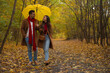 © My Ocean studio - Smiling young couple walking under a yellow umbrella in an autumn park, dressed in brown coats and red accents, enjoying a romantic stroll surrounded by colorful fall leaves.