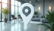 © Vadym - White 3D location pin icon floats in modern office space. Symbol represents new business address office relocation announcement. Conveys information about place change, guide, navigation services for