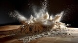 Powder explosion hitting dry sand in desert for dramatic environmental impact, nature force or cinematic motion action background photography
