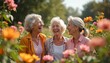 © Vadym - Three senior women stand together in flower garden laughing. Mature females enjoy time outdoors. Older friends smile happy in nature surrounded by colorful flowers.