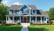 © Vadym - Charming blue two story home with wrap around porch and green lawn. Red front door features wreath, white trim accents. Idyllic suburban residence.