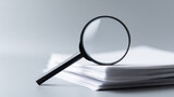 A magnifying glass is placed on top of a stack of documents, suggesting the act of searching through information or evidence