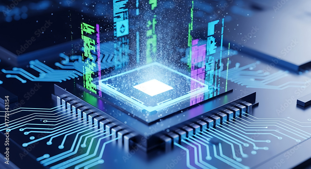 Innovative digital photos of a glowing central processing unit on a ...