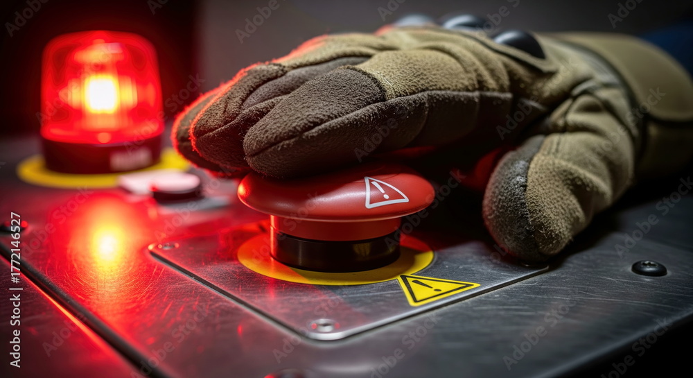 Gloved hand presses a red emergency stop button with a flashing warning ...