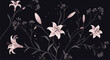 © MD - Elegant seamless pattern with delicate pink lilies, flower buds, and sprigs of small white blossoms on a dark blue background.