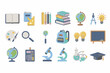 © Firdaus - School supplies collection books, pencils, globe, backpack, calculator, and microscope illustrations