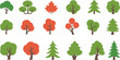 © Md - Collection of flat stylized tree icons in green and red colors, minimal nature illustration for eco design, forest, and landscaping projects