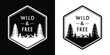 © Vectoravec - Hexagonal badge with text wild free and silhouette of pine trees and mountains on black and white backgrounds, isolated on white background