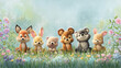 © zuriya - A charming group of six adorable cartoon forest animals sitting together in a field of colorful wildflowers and green grass.