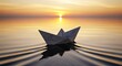 © Wardiyan - An origami paper boat floats on calm water, creating ripples as it sails towards a golden sunset on the horizon.