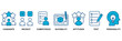 © Roronoa15 - Assessment center icon set Blue Monochrome Flat Design concept for for personal audit of human resources with icon of user candidate, recruit, competence, suitability, aptitudes, test and personality