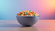 © ArpPSIqee - A bowl of colorful ring-shaped cereal on a wooden surface with a gradient background