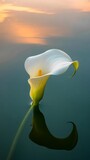 Calla lily flower floating on water with soft light reflection at sunrise