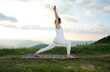 © Василь Івасюк - Woman practicing yoga on a mat in the mountains at sunrise. Active lifestyle and wellness in nature. Healthy woman doing warrior pose outdoors with scenic view.
