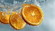© max79im - Fresh orange slices splashing water sparkling liquid motion zesty citrus burst clean white backdrop dynamic photo for advertising