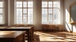© sungedi - Sunlight streams through tall windows illuminating the rows of wooden desks inside an empty institutional room