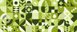 © klyaksun - Bauhaus geometric grid with plant shapes - leaves, flowers and circles in green color for modern decorative background. Abstract botanical mosaic of nature motifs with retro architectural style.