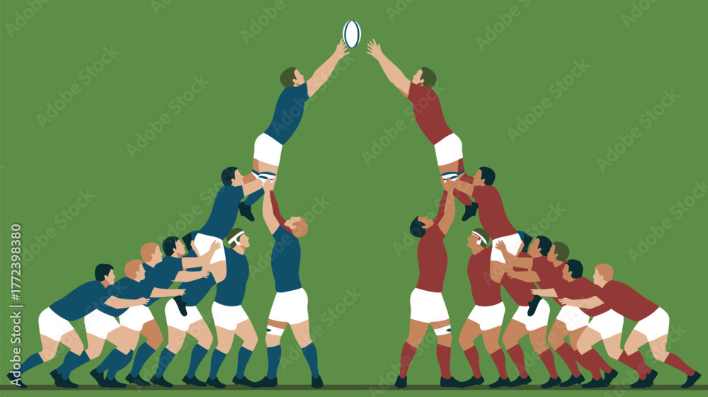Line Out Rugby Animation Illustration of rugby teams competing for a ball in a lineout against a ...