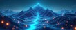 © Viktor - Abstract blue digital mountain range with bright glowing blue path leading to peak under starry dark sky. Scattered orange lights dot futuristic landscape. Image represents success, business growth,