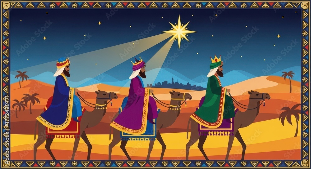 Three wise men on camels under bright star, riding across desert ...