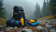 © Viktor - Close up photo shows essential hiking camping gear. Backpacks sleeping bags water bottle cameras lay on the ground. Background features misty forest terrain adventure equipment.