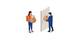 © Ophelia - Isometric package delivery concept with courier and customer interaction at the door