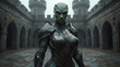© PureEvilClutch - female reptilian wearing armor and standing in castle courtyard