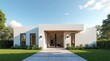 © Leonardo - Casa suburbana contemporánea con paredes de estuco blanco, techo plano y entrada de cristal iluminada por elegantes apliques modernos