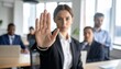 © Nashihal - Stop, hand sign and woman in business suit with no gesture for sexual harassment and violence in office workplace