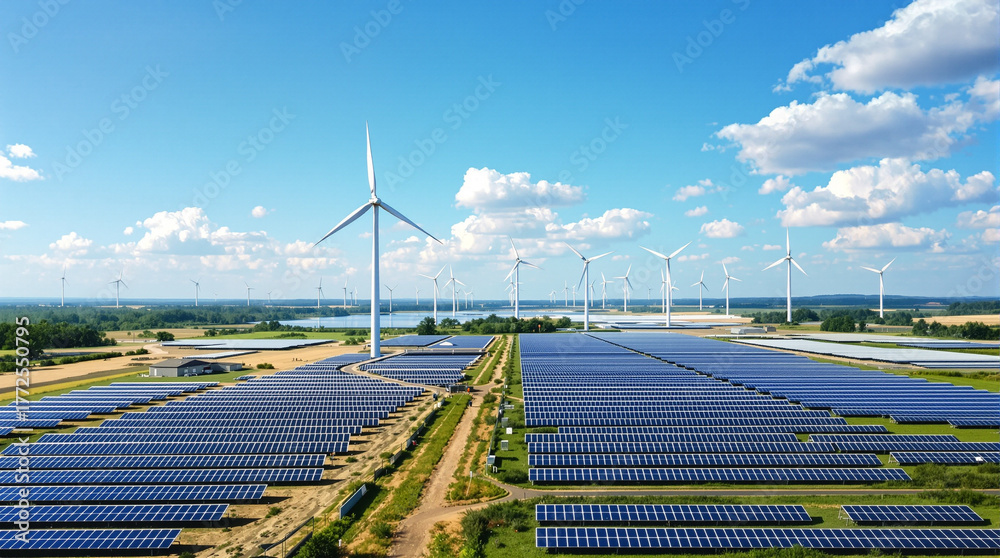 Vast renewable energy farm with endless solar panels and wind turbines ...