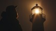 © Ivy - keeper. A lighthouse keeper inspecting the beacon at night. mobility guides, transit brochures, designed for mobility and urban transit guides, used by marketing managers.