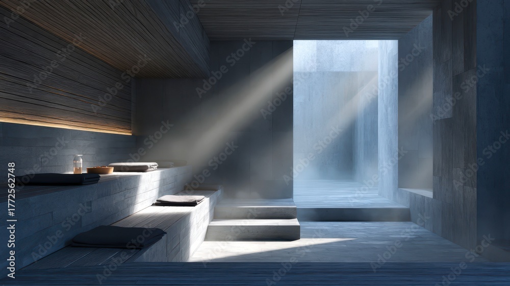 A room with a window that is letting in sunlight. The room is empty and has a modern design