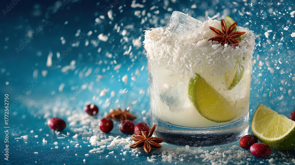 A glass of drink with a lime and some spices on a table. The drink is a margarita