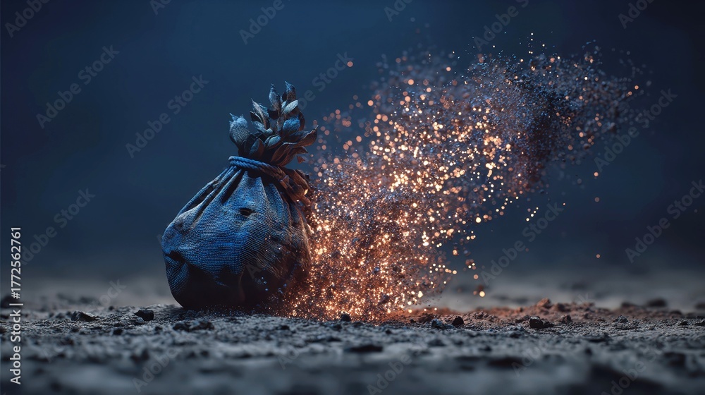 A blue bag is on the ground and it is on fire. The fire is very small and it is not very bright