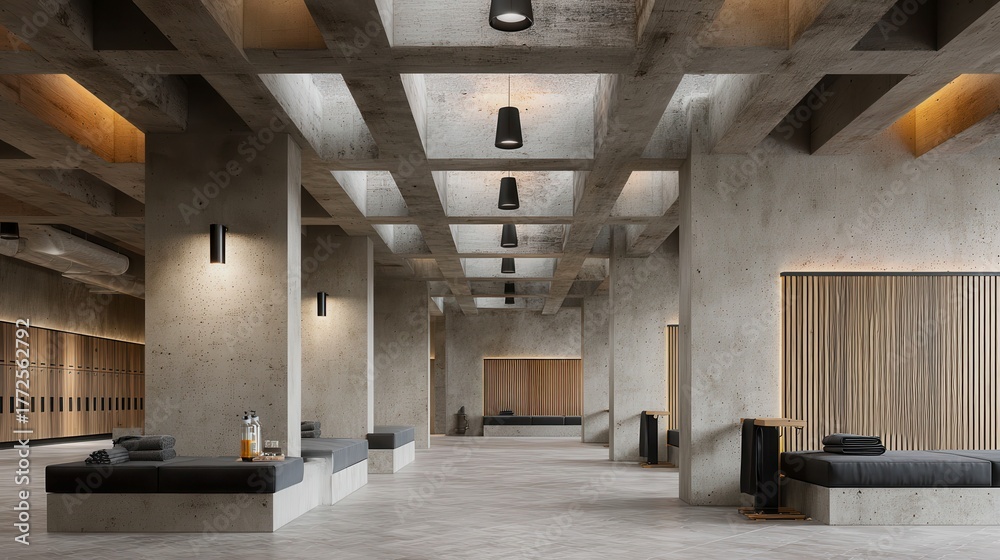 A large, empty room with a few benches and a few light fixtures. The room is mostly empty, but it has a sense of openness and spaciousness