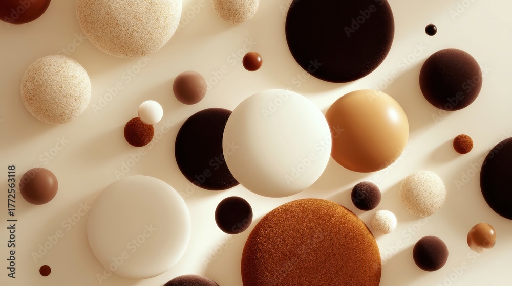 The image is a collage of various colored spheres, including white, brown, and black. The arrangement of the spheres creates a sense of depth and texture, with some spheres overlapping