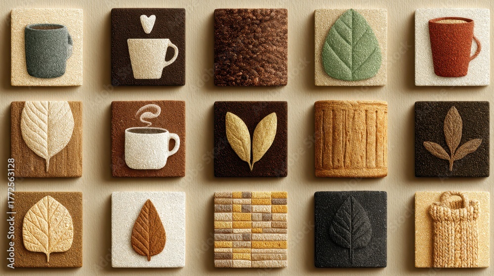 A collection of small, colorful images of leaves, cups, and other objects. The images are arranged in a grid, with some overlapping and others standing alone. Scene is playful and whimsical